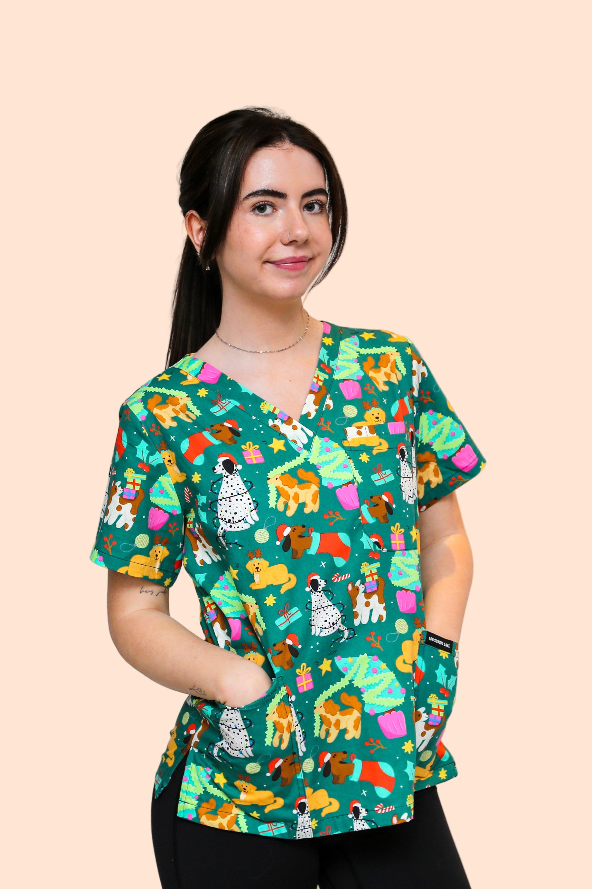 Christmas Puppies Scrub Top